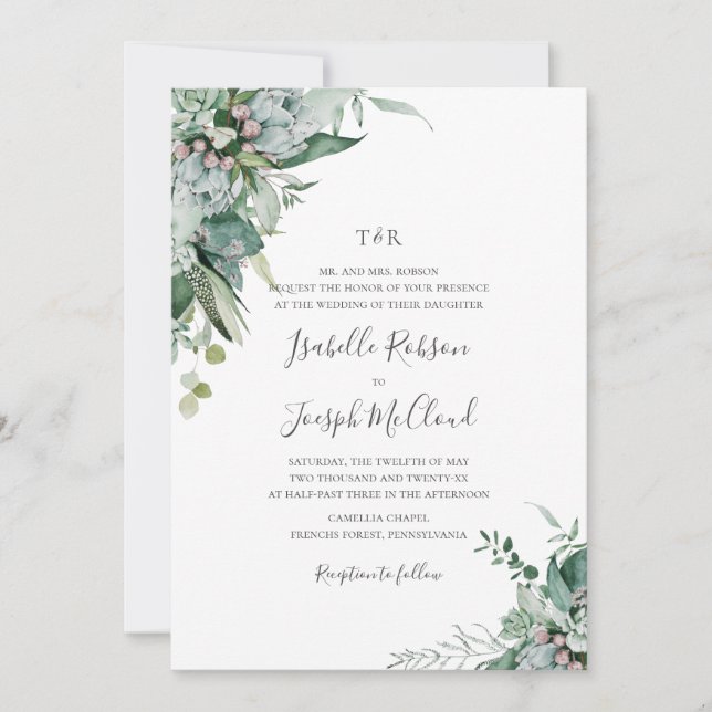 Succulent Greenery | Traditional Monogram Wedding Invitation (Front)