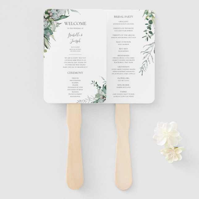 Succulent Greenery | Wedding Program Hand Fan (Front and Back)