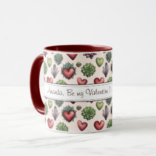 Succulent Heart Watercolor Valentines Day Pattern Mug