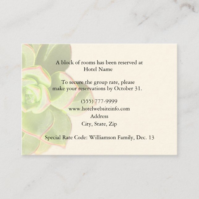 Succulent Hotel Accommodation Enclosure Cards (Front)