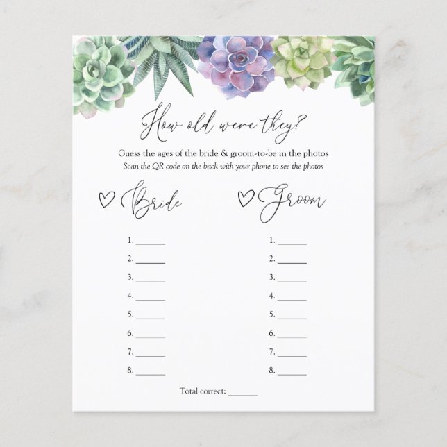 Succulent How Old Were They Bride and Groom Game (Front)