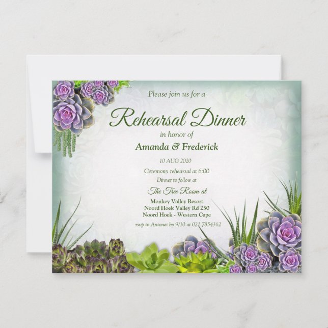 Succulent Hues of Greens & Violet Rehearsal dinner Invitation (Front)