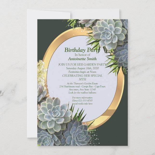 Succulent Hues of Pale Blues Birthday Invitation (Front)
