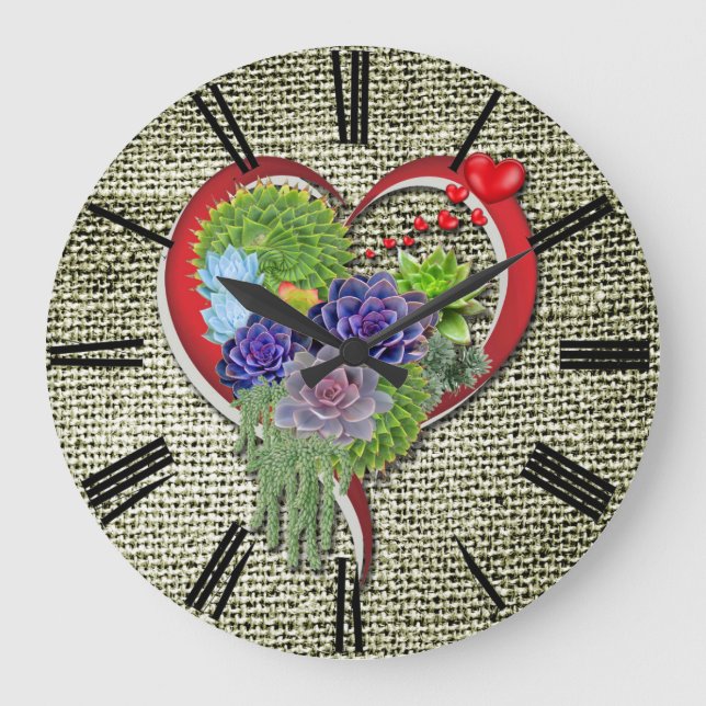 Succulent Plant Decor Within a Heart Large Clock (Front)