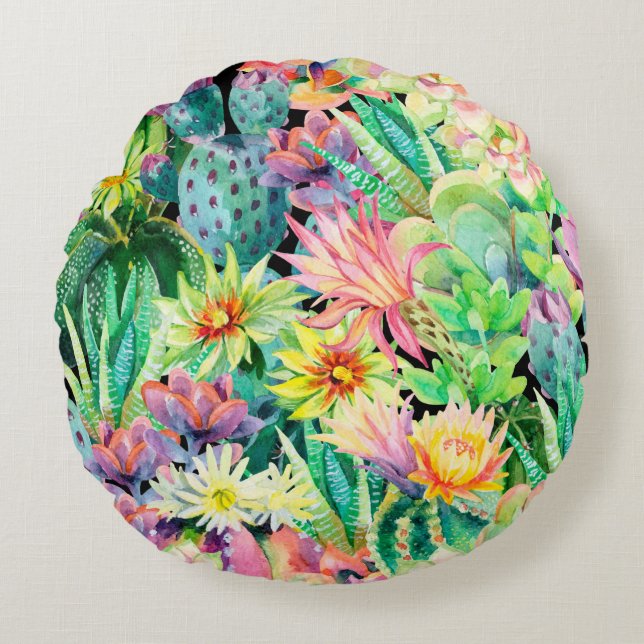 Succulent plants and cactus garden pattern round cushion (Front)
