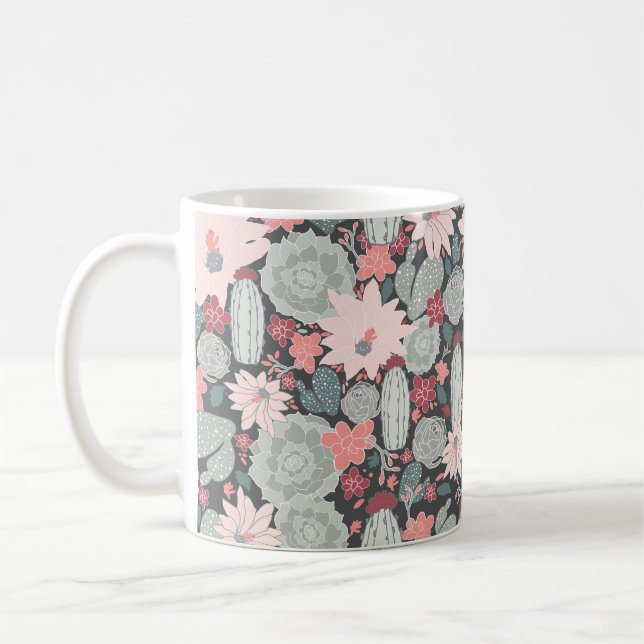 Succulent Plants And Cactus In Pink Mint Pattern Coffee Mug (Left)