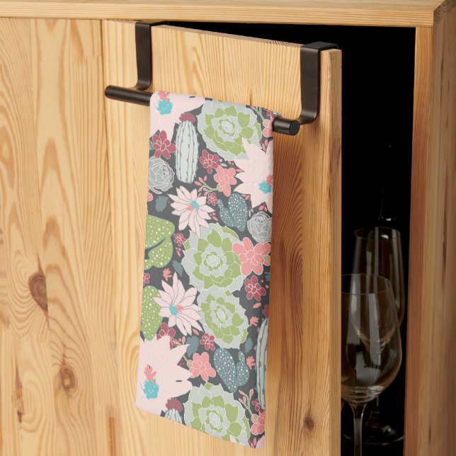 Succulent Plants And Cactus Pattern Green Pink Tea Towel (Thirds Fold)