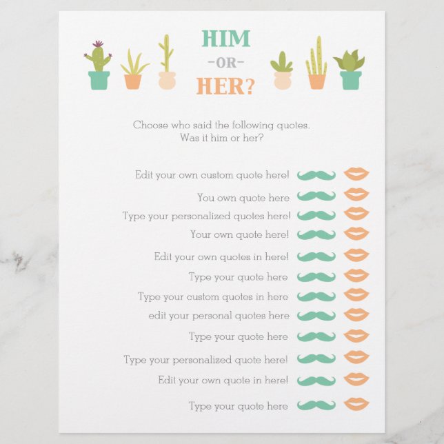 Succulent Plants him or her bridal shower game (Front)