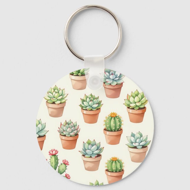 Succulent Plants Seamless Pattern Terracotta Pots Key Ring (Front)
