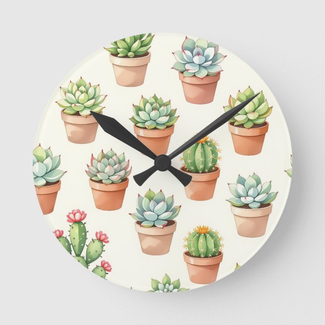 Succulent Plants Seamless Pattern Terracotta Pots Round Clock (Front)