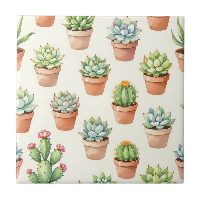 Succulent Plants Seamless Pattern Terracotta Pots Tile (Front)
