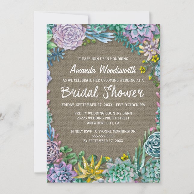 Succulent Rustic Burlap Bridal Shower Invitations (Front)