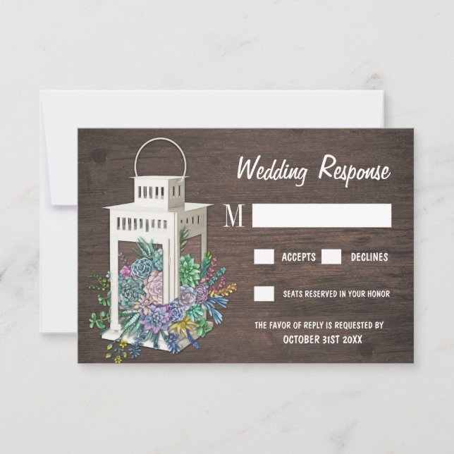 Succulent Rustic Wood Lantern Wedding RSVP Cards (Front)