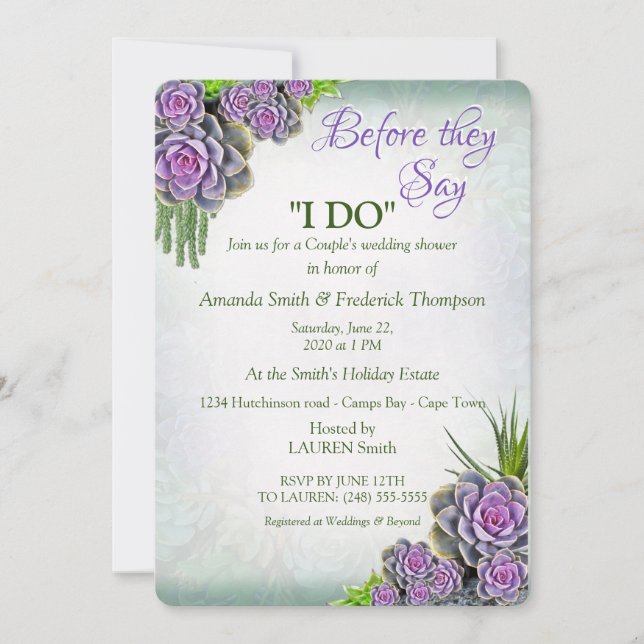 Succulent Sea Green,Violet Bouquet Wedding Shower Invitation (Front)