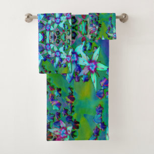 Succulent Sedum Flowers in Aqua, Purple and Blue Bath Towel Set