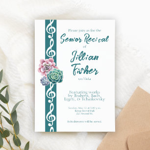 Succulent Treble Clef Theme Senior Music Recital Invitation