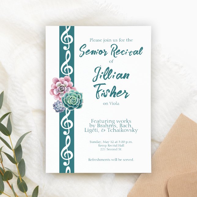 Succulent Treble Clef Theme Senior Music Recital Invitation (Custom senior recital invitation template.)