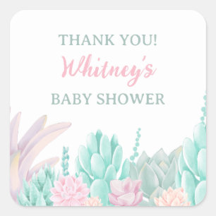 Succulent Watercolor Baby Girl Shower Thank You Square Sticker