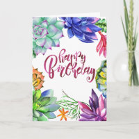Succulent Watercolor Colourful Happy Birthday Card