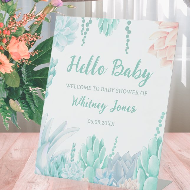 Succulent Watercolor Cute Boy Baby Shower Welcome Pedestal Sign (Succulent Watercolor Cute Boy Baby Shower Welcome Pedestal Sign)