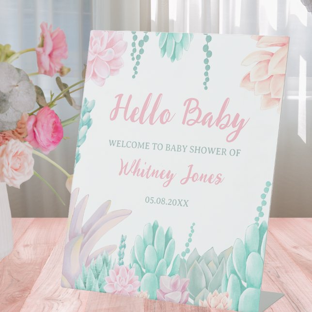 Succulent Watercolor Cute Girl Baby Shower Welcome Pedestal Sign (Succulent Watercolor Cute Girl Baby Shower Welcome Pedestal Sign)