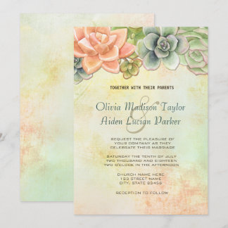 Succulent Watercolor Floral Wedding Peach Invitation