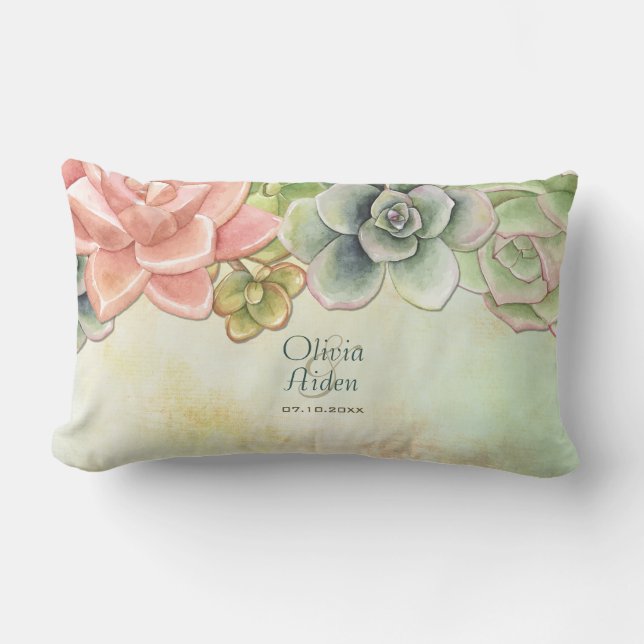 Succulent Watercolor Floral Wedding Pillow (Front)