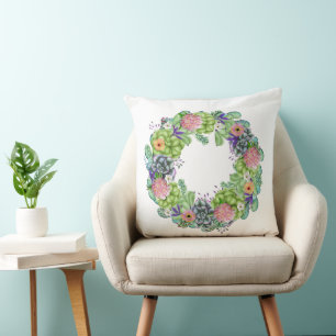 Succulent Watercolor Floral Wreath Cushion