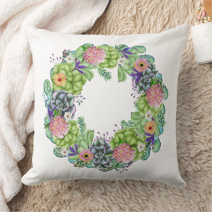 Succulent Watercolor Floral Wreath Cushion