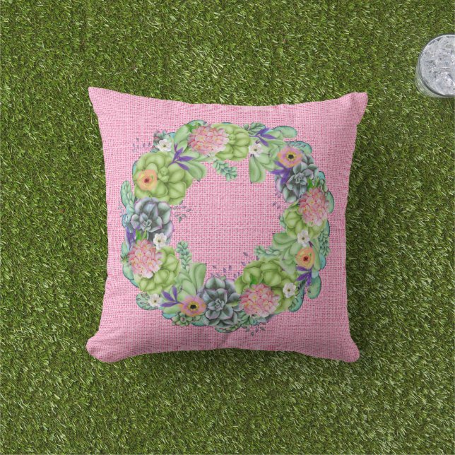 Succulent Watercolor Floral Wreath on Pink Cushion (Grass)