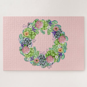 Succulent Watercolor Floral Wreath on Pink Jigsaw Puzzle