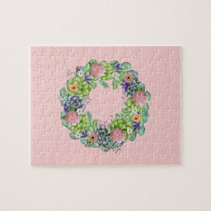 Succulent Watercolor Floral Wreath on Pink Jigsaw Puzzle