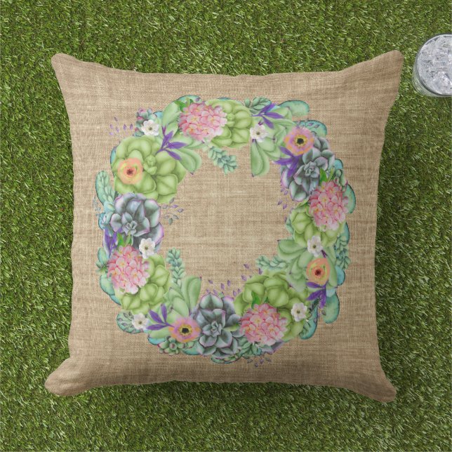 Succulent Watercolor Floral Wreath on Tan Cushion (Grass)