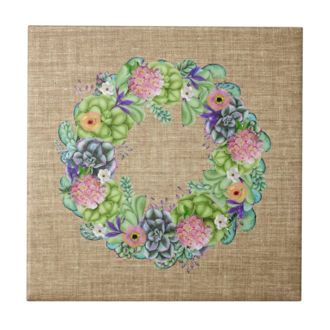 Succulent Watercolor Floral Wreath on Tan Tile (Front)