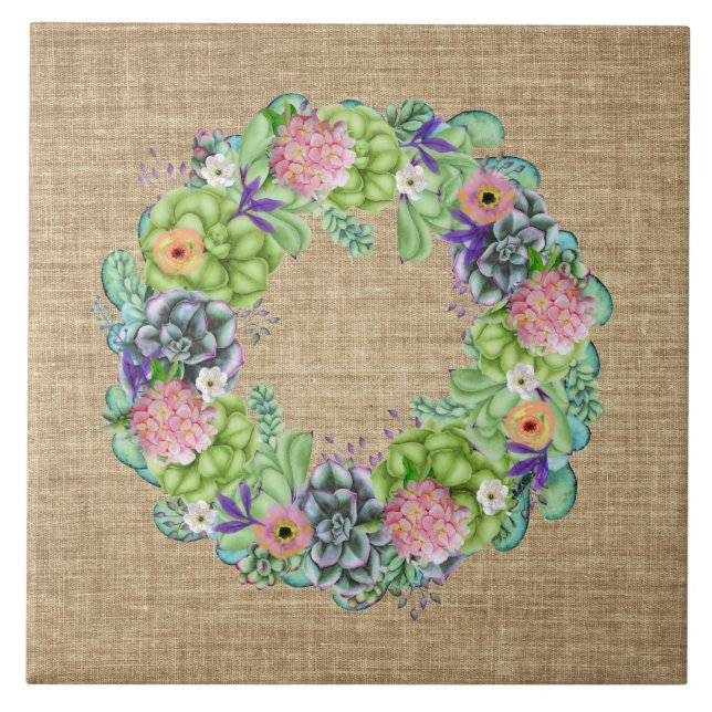 Succulent Watercolor Floral Wreath on Tan Tile (Front)