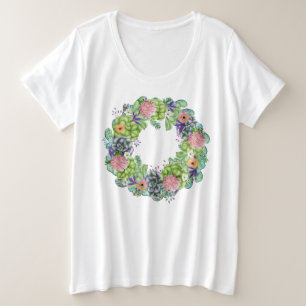 Succulent Watercolor Floral Wreath Plus Size T-Shirt
