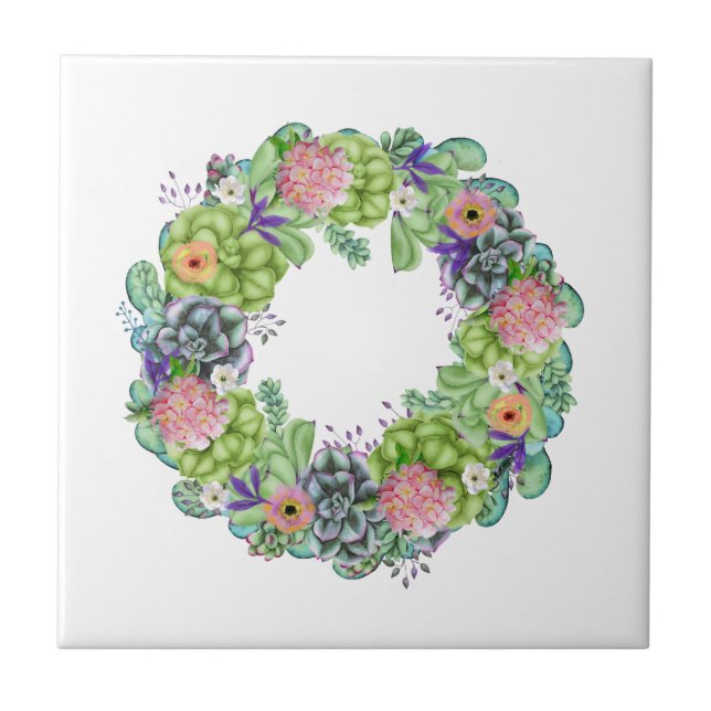 Succulent Watercolor Floral Wreath Tile (Front)