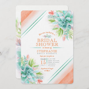 Succulent watercolor green orange bridal shower invitation