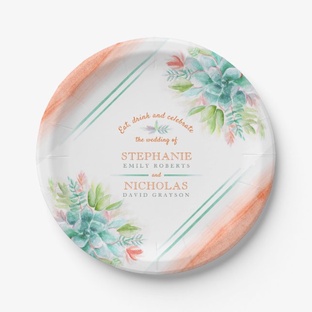 Succulent watercolor green orange wedding plates (Front)