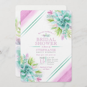 Succulent watercolor green purple bridal shower invitation