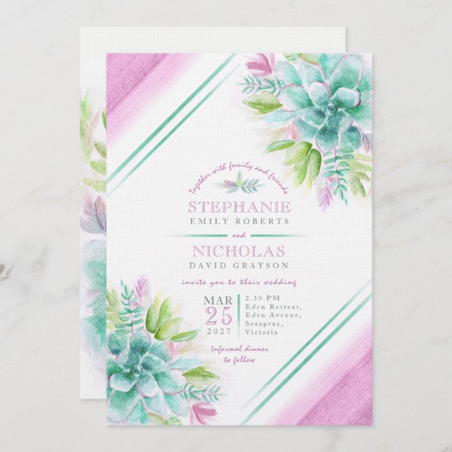 Succulent watercolor green purple wedding invites (Front/Back)