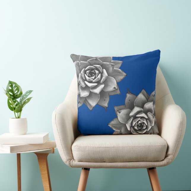 Succulent Watercolor Grey on Blue Cushion (Chair)