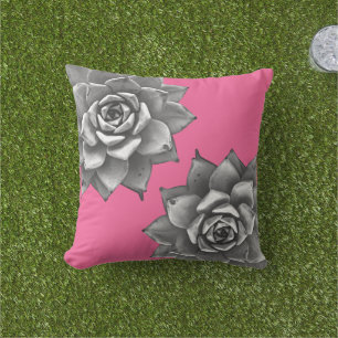 Succulent Watercolor Grey on Hot Pink Cushion