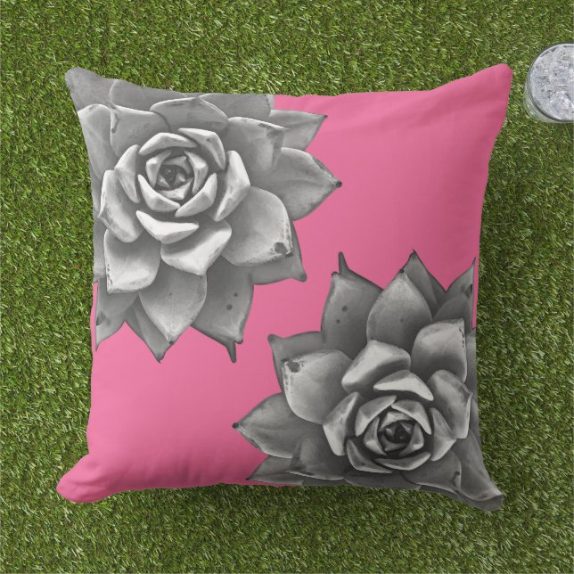 Succulent Watercolor Grey on Hot Pink Cushion (Grass)
