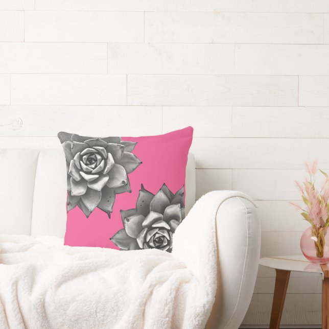 Succulent Watercolor Grey on Hot Pink Cushion (Couch)