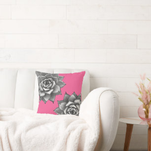 Succulent Watercolor Grey on Hot Pink Cushion