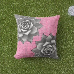 Succulent Watercolor Grey on Pink Cushion