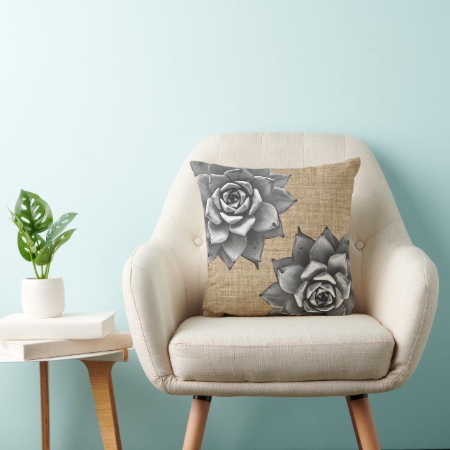Succulent Watercolor Grey on Tan Burlap Cushion (Chair)
