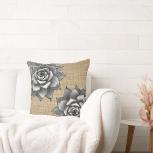 Succulent Watercolor Grey on Tan Burlap Cushion