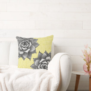 Succulent Watercolor Grey on Yellow Cushion